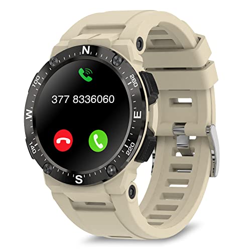 Bebinca Smartwatch Hombre Deportes 1.3' Hacer y Recibir Llamadas Manos Libres Micrófono Bluetooth, Escuchar música Altavoz 128 MB, Rastreador de Ejercicios 5ATM Impermeable iOS/Android (Beige)