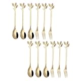 MOTHNUR 12 Stück Teiliges Edelstahl Dessertbesteck Set mit Blattgriff Poliert Rutschfest Mit...