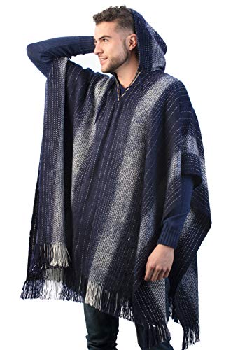 Alpaca Hooded Poncho for Men - Warm and soft wool cloak Cape -Comfortable House Coat (US, Alpha, One Size, Regular, Regular, Navy Blue)2