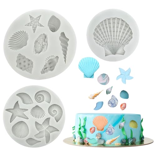 3 moldes de silicona para conchas, molduras de fondant con motivos marinos, animales marinos, moldes de silicona para hornear fondant para chocolate marino, fondant, cubitos de hielo para decoración