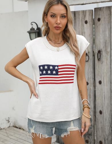 shermie Women's Cap Sleeve Crew Neck Knit Top Summer Lightweight American Flag Sweater Vest3