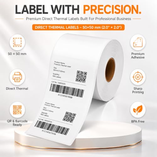 Image of Shreyans Direct Thermal Labels (Pack of 18, 50mm x 50mm 250 Labels /Roll) - Non Tearable, Scratch Free, Water Proof & Non Fade Stickers with Permanent Marking - 4500 Labels