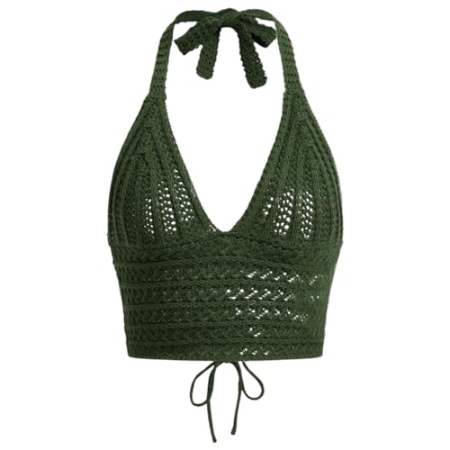 Naileksi Women Lace Up Backless Crochet Crop Halter Top Y2k Slim Fit Sleeveless V Neck Self Tie Back Knit Crop Cami Top Army Green