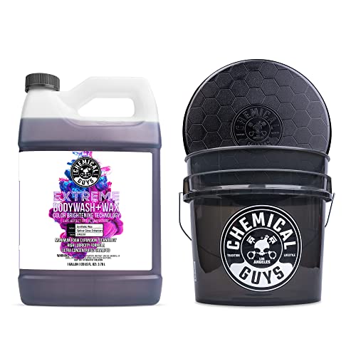 Chemical Guys CWS207BB Basic Car Wash & Bucket Bundle - Extreme Bodywash & Wax Foaming Car Wash Soap, 128 oz (1 Gallon), Grape Scent + Heavy Duty Smoked Obsidian Black Detailing Bucket (2 Items)