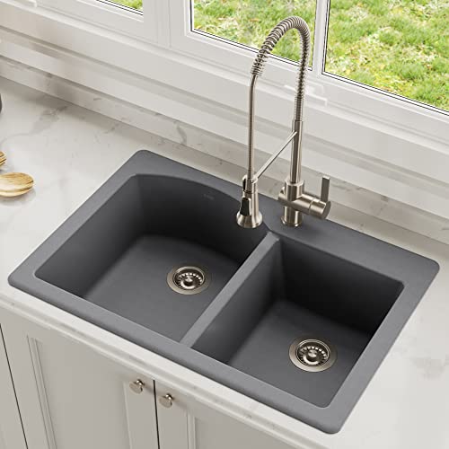 KRAUS Forteza 33-inch Drop In/Undermount 60/40 Double Bowl Granite Kitchen Sink in Grey, KGD-50GREY by Kraus - Image 2