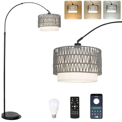 Boho Floor Lamps for Living Room, Arc Floor Lamp for bedroom with Remote and Dimmable Bulb, Over Couch Standing Lamp, Farmhouse Tall Lamp with 3 Color Temperatures, Height Adjustable Corner Floor Lamp