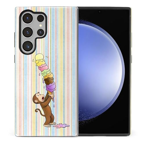 Goodsprout for Samsung Galaxy S24 Ultra Case,Dual-Layer TPU Silicone + PC Hard,Shockproof and Scratch-Resistant Phone Case Colorful Stripes A Monkey Eating Ice Cream