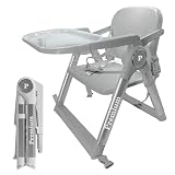 Trona Portátil Plegable Premium para Bebé 2 en 1, Elevador de Silla con Correas de Fijación, 4 Alturas, Bandeja Extraíble, Bolsa de Transporte, 6-36 Meses, hasta 15 kg (GRIS + PLATA)