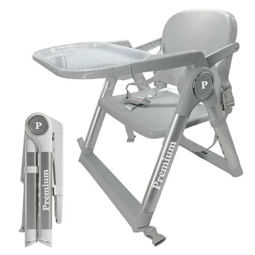 Trona Portátil Plegable Premium para Bebé 2 en 1, Elevador de Silla con Correas de Fijación, 4 Alturas, Bandeja Extraíble, Bolsa de Transporte, 6-36 Meses, hasta 15 kg (GRIS + PLATA)