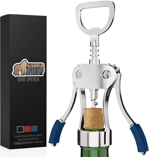 GORILLA GRIP BPA-Free Premium Wine Opener, Heavy Duty Zinc Alloy Wing Corkscrew, Multifunctional Bottle Openers Remove Corks, Caps, Easy to Use Sharp Cork Screw, Dishwasher Safe, Bar Essential, Blue