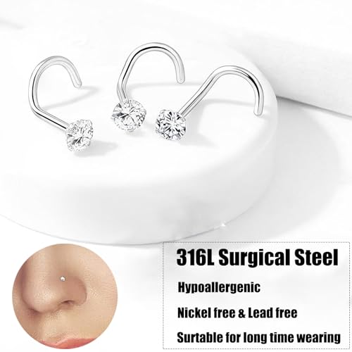 Gingying 8P-GOLD Nose Rings Studs: 8Pcs 20G 316L Surgical Steel Nose Studs Hypoallergenic Corkscrew Nose Piercing Stud Jewelry For Women Men Silver Cubic Zirconia Imitation Diamond 1.5Mm 2Mm 2.5Mm 3Mm thumb #3