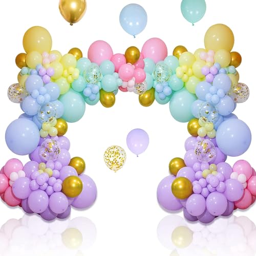Image of Pastel Rainbow Balloon Arch Kit 66 Pcs with Gold Chrome & Confetti Balloons - Macaron Garland Kit for Birthday, Baby Shower, Wedding, Anniversary, Valentine & Welcome Party Decoration