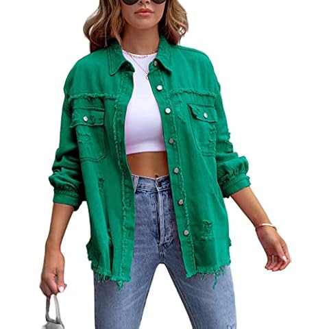 Perbai Womens Oversized Ripped Denim Jacket Frayed Hem Button Front Boyfriend Jean Coat Western Shacket with Pockets(Green-XL) Cover