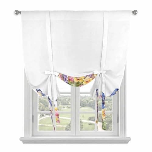 Tie Up Curtains for Kitchen Windows,Watercolor Bird on Farm Fence