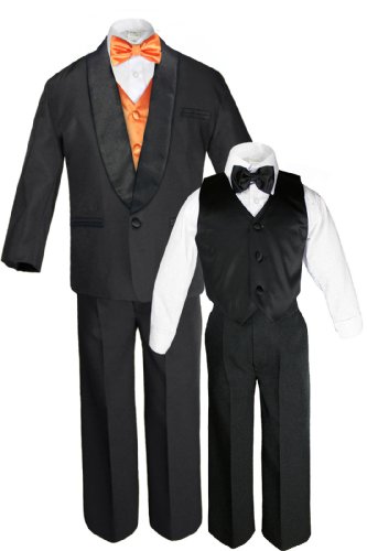 Boys Satin Shawl Lapel Suits Tuxedo with Orange Bow Tie Vest Sets Outfits (M:(6-12 Months))