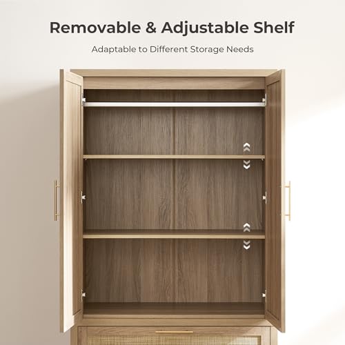 Image of SICOTAS Armoire Wardrobe Closet, Larger Rattan Wardrobe Storage Cabinet with 2 Drawers & Hanging Rod, Boho Large-Capacity Deep Clothes Organizer for Cloakroom, Bedroom, Light Oak (3 PCS)
