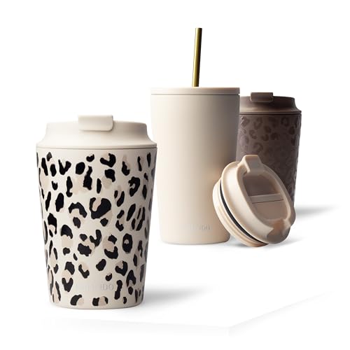 MAMEIDO Thermobecher 350 ml, dichter Kaffeebecher to go aus Edelstahl doppelwandig isoliert, auslaufsicher, Coffee to go Becher warmhaltend (Ivory Trace)