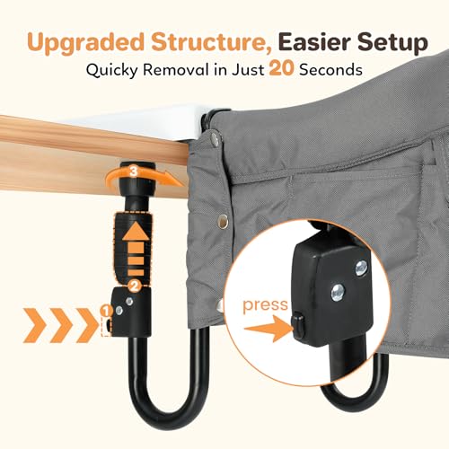 Image of Ezebaby Hook on High Chairs, Secure Clip on High Chair for Baby, Compact Fold-Flat for Easy Storage, Fast Table Chair with Baby Seat, Portable Highchair Attaches to Table for Travel, Grey, with Tray