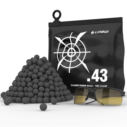 LinRui 100ct .43 Cal Paintball, New Reusable Training Soft Rubber Balls for Paintball Guns .43 Caliber Self Defense Balls Ammo, .43 Rubber Balls Ammo for T4E PPQ/ TPM1/Glock17, with Goggle (Black)