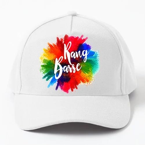 Rang Barse Cap, White, Rainbow Color Splash Design, Holi Theme Hat