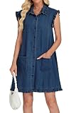 EZAPINE Denim Dress for Women Button Down Ruffle Sleeveless Blue Jean Dresses Summer Cute Short Mini Dress