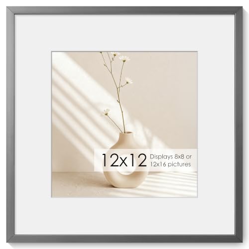 Fun Memories 12x12 Aluminum Picture Frame with 8x8 Mat, 12x12 Grey Photo Frames Attached Hanging Hardware and Glass - Vertical or Horizontal Wall Display Frames, Set of 1