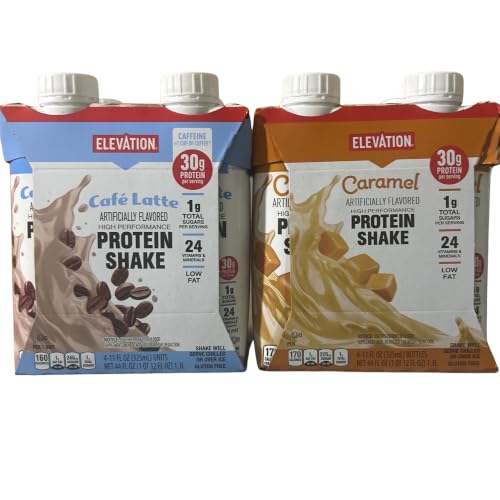 Elevation High Performance Protein Shake Café Latte and Caramel 44fl oz 1.3L (8 Bottles/2 Packs)