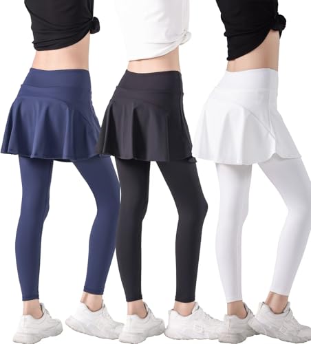 2 in 1 Girls Leggings with Skirt High Waisted Tennis Athletic Flowy Skirted Legging with Pockets for Kid