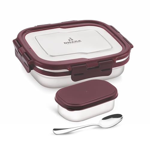 Image of Dhara Stainless Steel Blaze Tiffin Box for School, 800ml Airtight Lunch Box 600ml with Mini Container 200ml and Spoon - Maroon