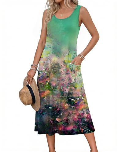 Image of Zeagoo Womens Summer Midi Dresses 2026 Casual Sleeveless Tank Sundresses A Line Crewneck Beach Vacation Dress with Pockets