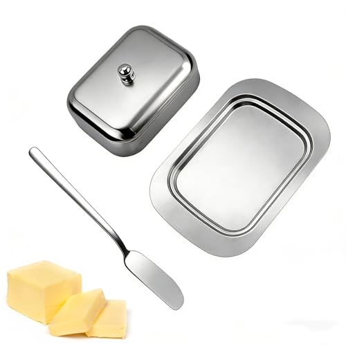 Tokaneit Stainless Steel Butter Dish avec Grattoir, Beurrier en Acier Inoxydable Mat avec Couvercle Mat, Stockage Empilable Multicouche, Multifonctionnel, pour...