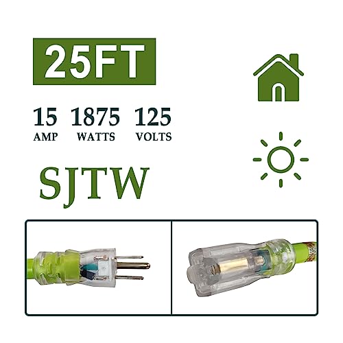 Ep 25 Ft Lighted Outdoor Extension Cord - 10/3 Sjtw Heavy Duty Green Extension Cable With 3 Prong Grounded Plug For Safety, Ul Listed #TOP1