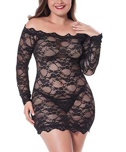 LINGERLOVE Womens Plus Size Sexy Lingerie Chemise Floral Lace Babydoll See Through Bodysuit Lingerie (Black, 3XL-4XL)