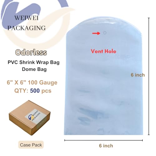 Image of WEIWEI - 6 inchx6 inch 500PCS Clear Dome PVC Heat Shrink Wrap Bags with Vent Hole | Odorless, Easy-to-Use Shrink Film for Soaps, Bath Bombs, and Handmade Crafts