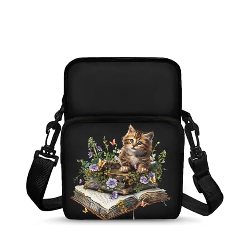 Cute Cat Books Purple Flowers Butterflies Messenger Bag for Men Women, Cross Body Bag Shoulder Sling Bags Wristband Sport Armband Wallet Bag Purse, Black