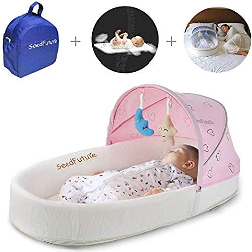 Baby Lounger, Portable Baby Bed for Newborns with 1 Canopy and 1 Mosquito Net. Baby Sleeper with a 5° Gentle Slope Mattress and 2 Toys. Baby Travel Bassinets Suitable for Babies from 0-10 Months(Pink)
