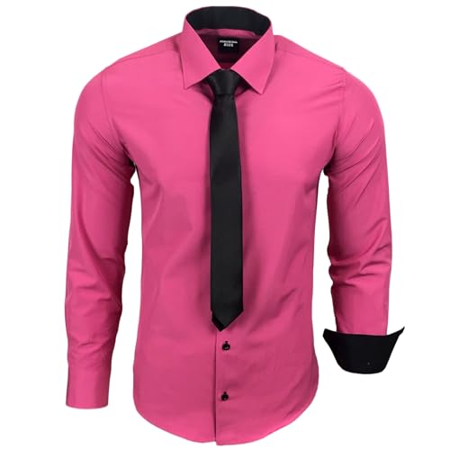 Subliminal Mode - Chemise Homme Manches Longues Col Bicolore Uni + Cravate Noir Chemise Coupe Ajusté Business Repassage Facile RN77 Rose Fushia XL