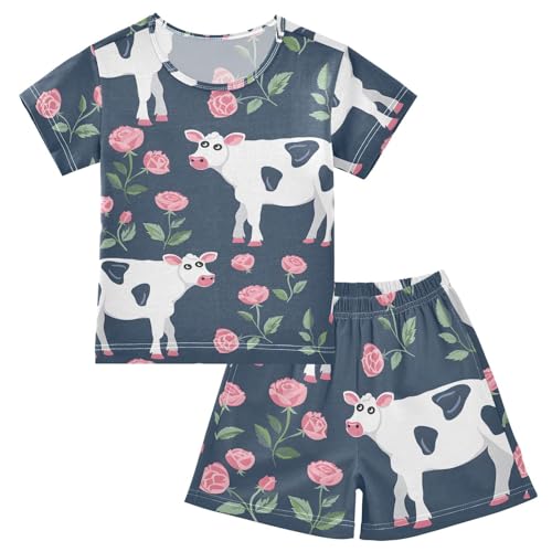 ALAZA Cow Rose Flower Floral Funny Pajamas Short Sleeve 2 Piece Sleepwear Top and Bottom Pajama Set Unisex