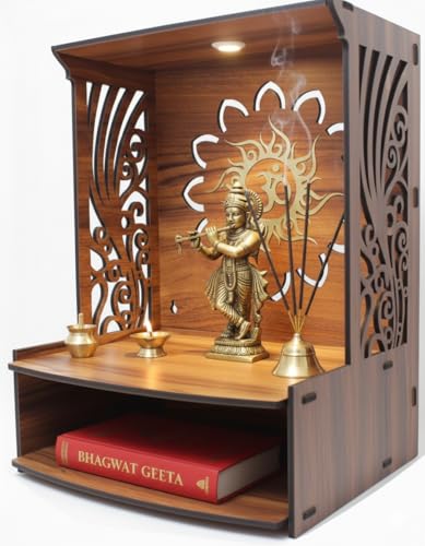 Image of Royal Walnut Finish Wooden Pooja Mandir | Wall Mounted Home Temple with LED Lights & Spacious Storage | Premium Handcrafted Puja Unit (37.5 * 29 * 25 CM) (Large) A2