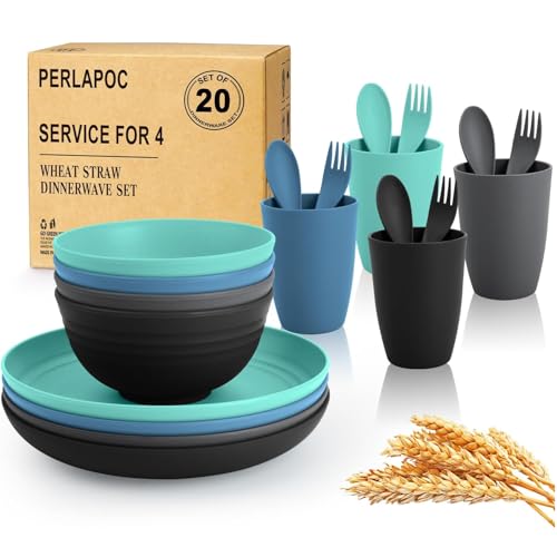 Image of Unbreakable Wheat Straw Dinnerware Set 20 PCS - Kids Plates and Bowls Set for 4,Dishwasher & Microwave Safe Lightweight Toddler Dish Set for Party Camping Kitchen - Calm Tones
