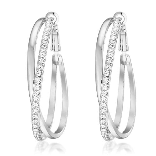 Gemini Ladies Jewelry Platinum White Gold Plated Big Round Hoop Crystal Pierce Earring Sz 4cm Silver