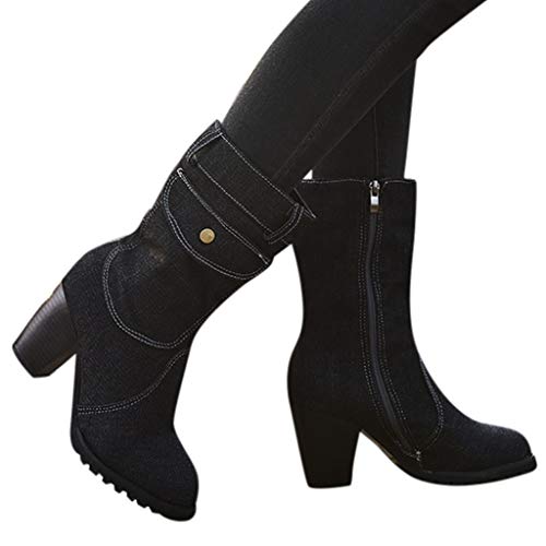 ZBYY Wide Calf Boots for Women Round Toe Thick High Heel Slip-On Retro Denim Short Boots Winter Zipper Rome Boots