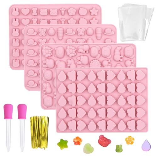 4pcs Molde Para Hacer Gominolas, Molde Caramelos Silicona Sin Bpa, Mini Moldes De Animales Antiadherentes Con 2 Goteros Y 50pcs Bolsitas Para Caramelos, Gomitas, Chocolate, Dulces