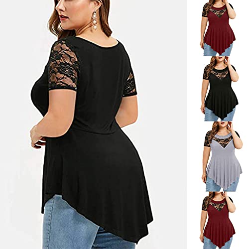 Hubei1 Camiseta feminina plus size manga curta sexy transparente renda floral patchwork túnica top g