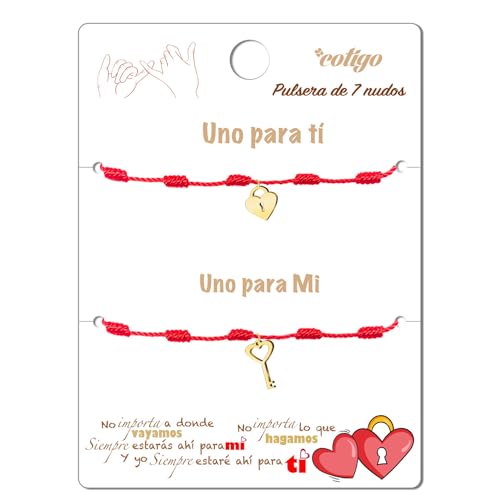 cotigo Bracciale 7 nodi rosso per regali di coppia - Bracciali per coppie Regali perfetti per San Valentino - Bracciale con filo rosso, portafortuna e protezione (Lucchetto e chiave - D'oro)