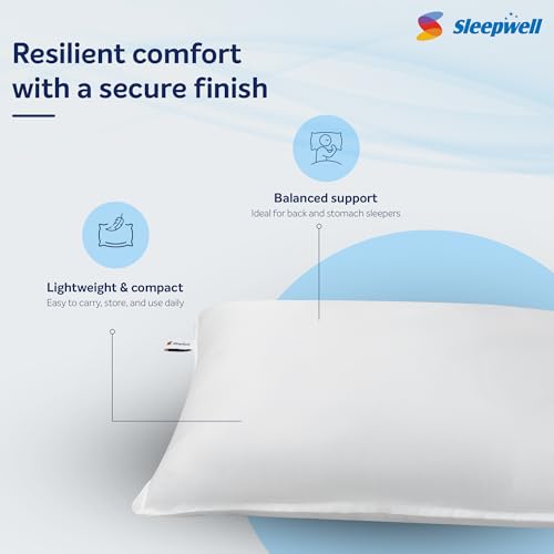 Image of Sleepwell Huggs Classic Compact Soft Fibre-Fill Pillow | White | Hand Washable | Polyester| 15D Hollow Siliconized Fibre | Lightweight | Vacuum Compressed | Medium Soft | 27 X17 Inches | Pack of 1