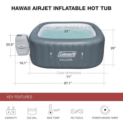 Coleman SaluSpa AirJet 4 to 6 Person Inflatable Hot Tub Square Portable Outdoor Spa with 114 Soothing AirJets and Insulated Cover, Gray