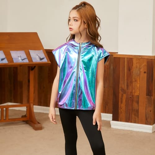 Jxstar Girls Metallic Hoodie Vest Kids Shiny Zip Up Outfit Sleeveless Disco Shirt with Pocket3