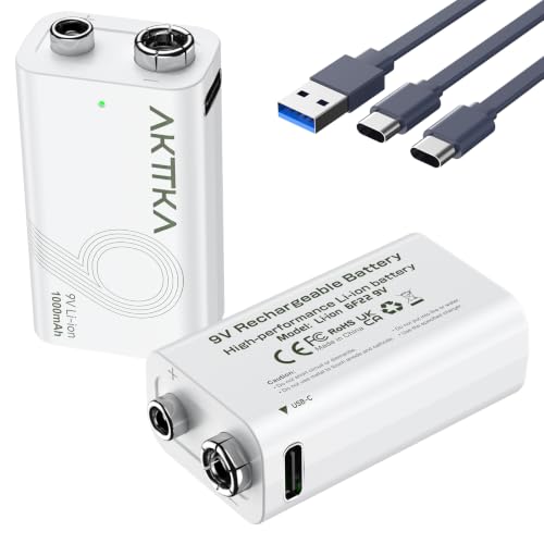 2-Pack Rechargeable 9V Batteries. 1000mAh 9V Lithium Battery