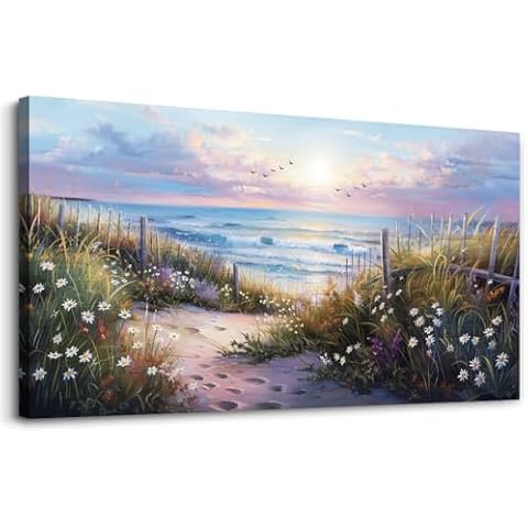 hyidecorart Canvas Wall Art For Living Room Wall DecorFor Bedroom Flower Beach Scenery Wall Painting Blue Ocean Pictures Artwork Office Decor Modern Framed Posters Home Decorations 20"X40" Cover